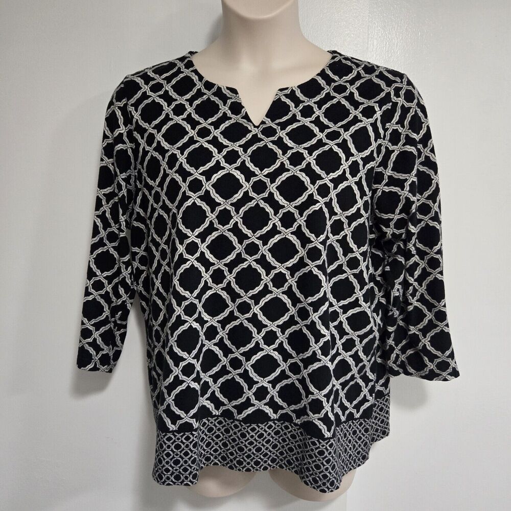 Chico's Size 3 (XL) Cotton Black White w/ Geometric Lattice Print Tunic Top